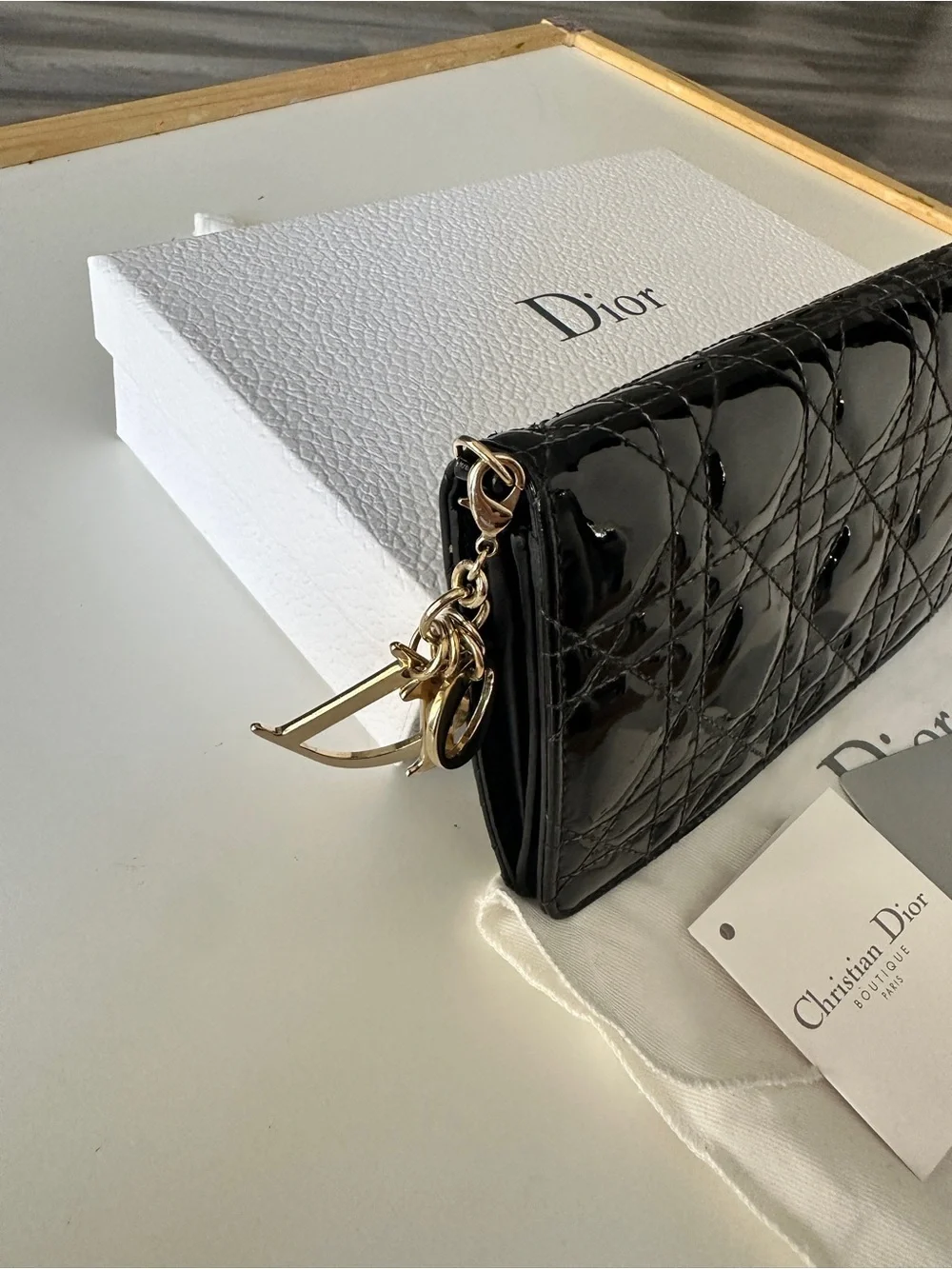 Dior Black Patent Quilted Zip-Around Wallet with Gold Charms - Picture 2 of 8